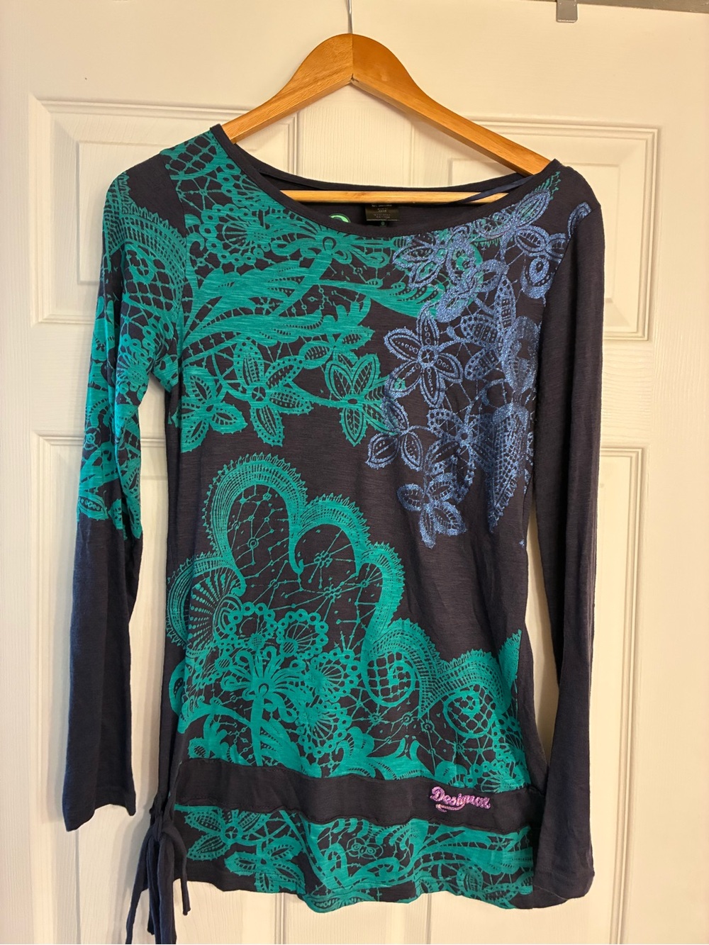 Desigual Cotton Navy Long Sleeve Top with Teal Floral Print